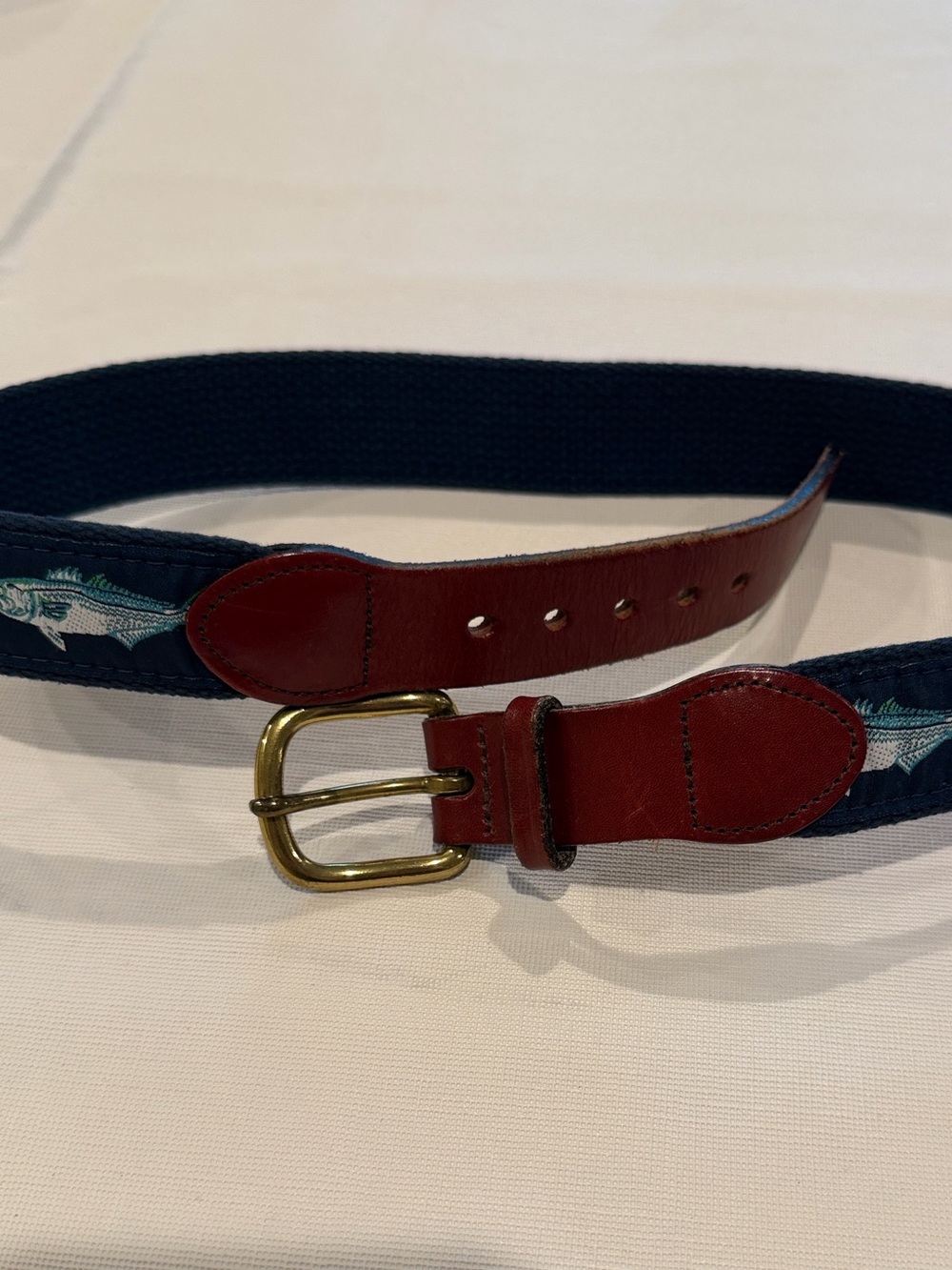 Leather Man sz 28 Boy's navy FISH belt with brown leather trim & presumed brass